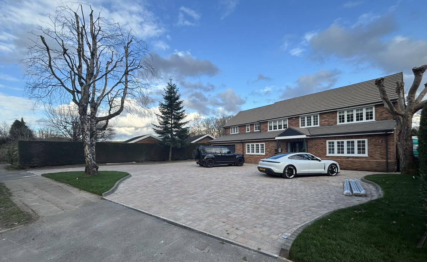 Completed block-paved driveway in daylight